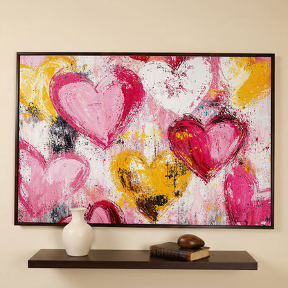 Pink and Yellow Hearts Canvas Print in dark walnut floating frame