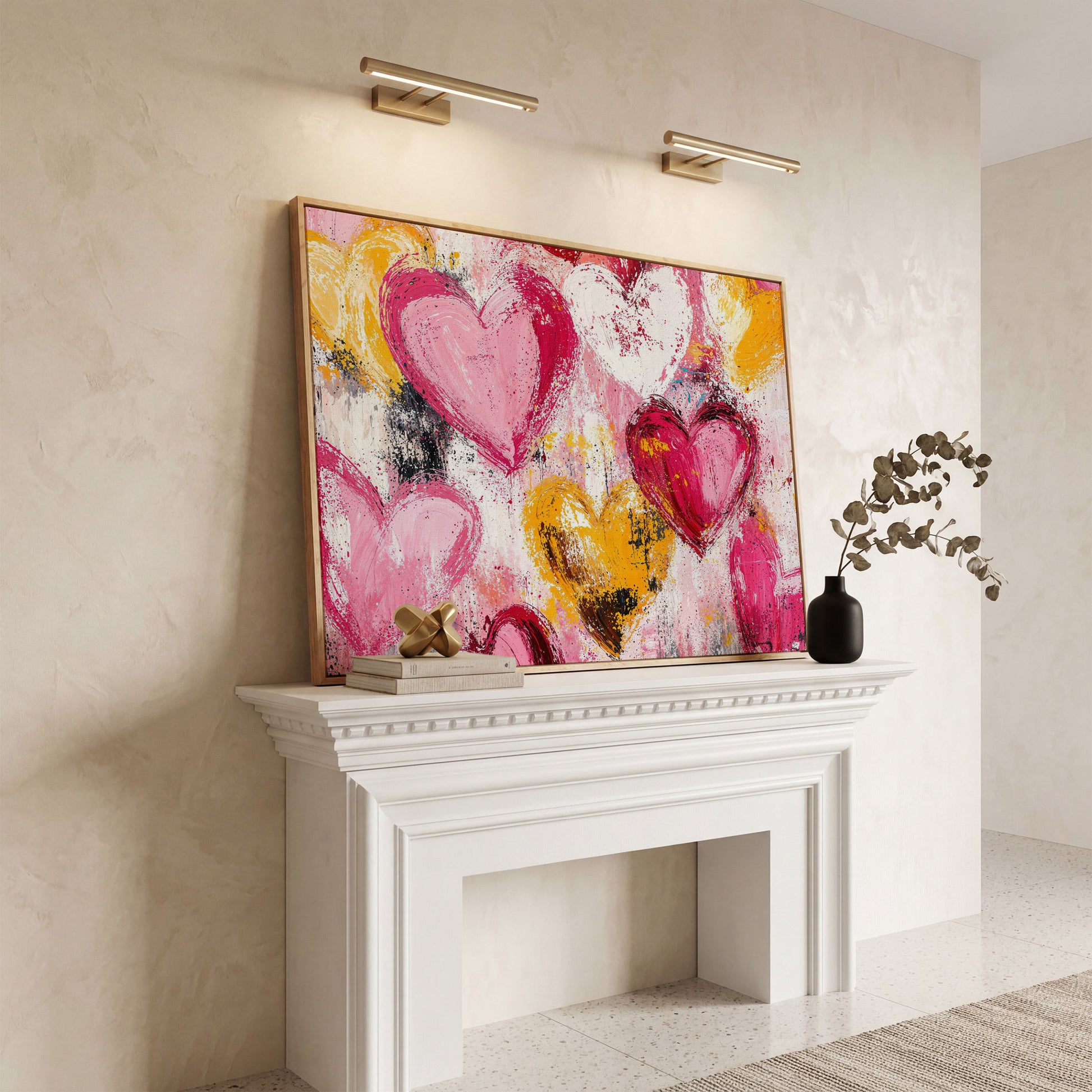 Pink and Yellow Hearts Canvas Print in white oak floating frame
