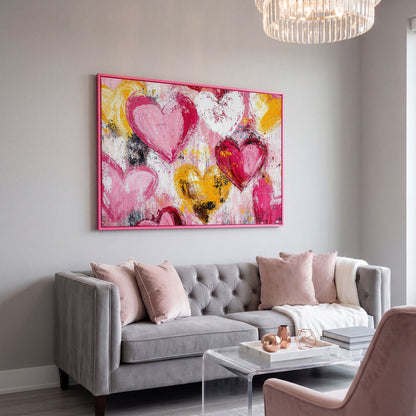 Pink and Yellow Hearts Canvas Print in pink floating frame