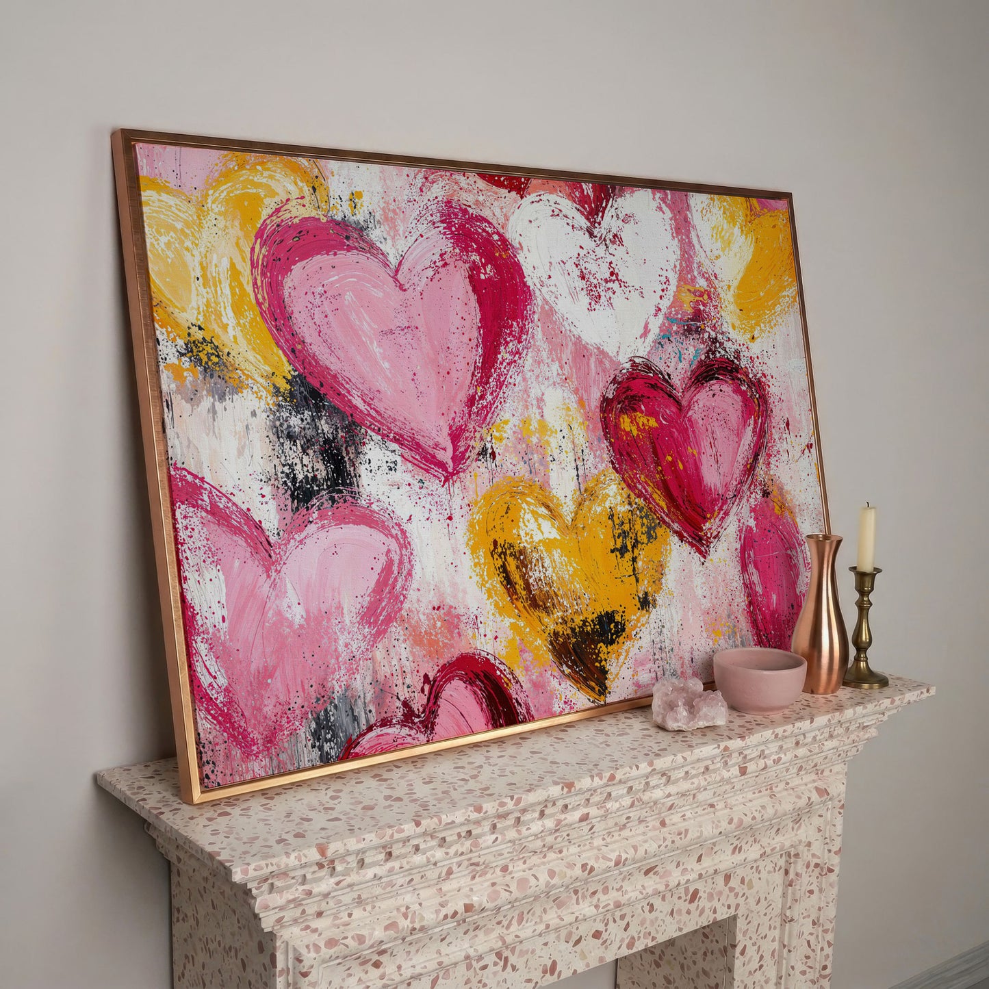 Pink and Yellow Hearts Canvas Print in rose gold floating frame