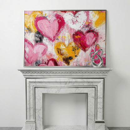 Pink and Yellow Hearts Canvas Print in silver floating frame