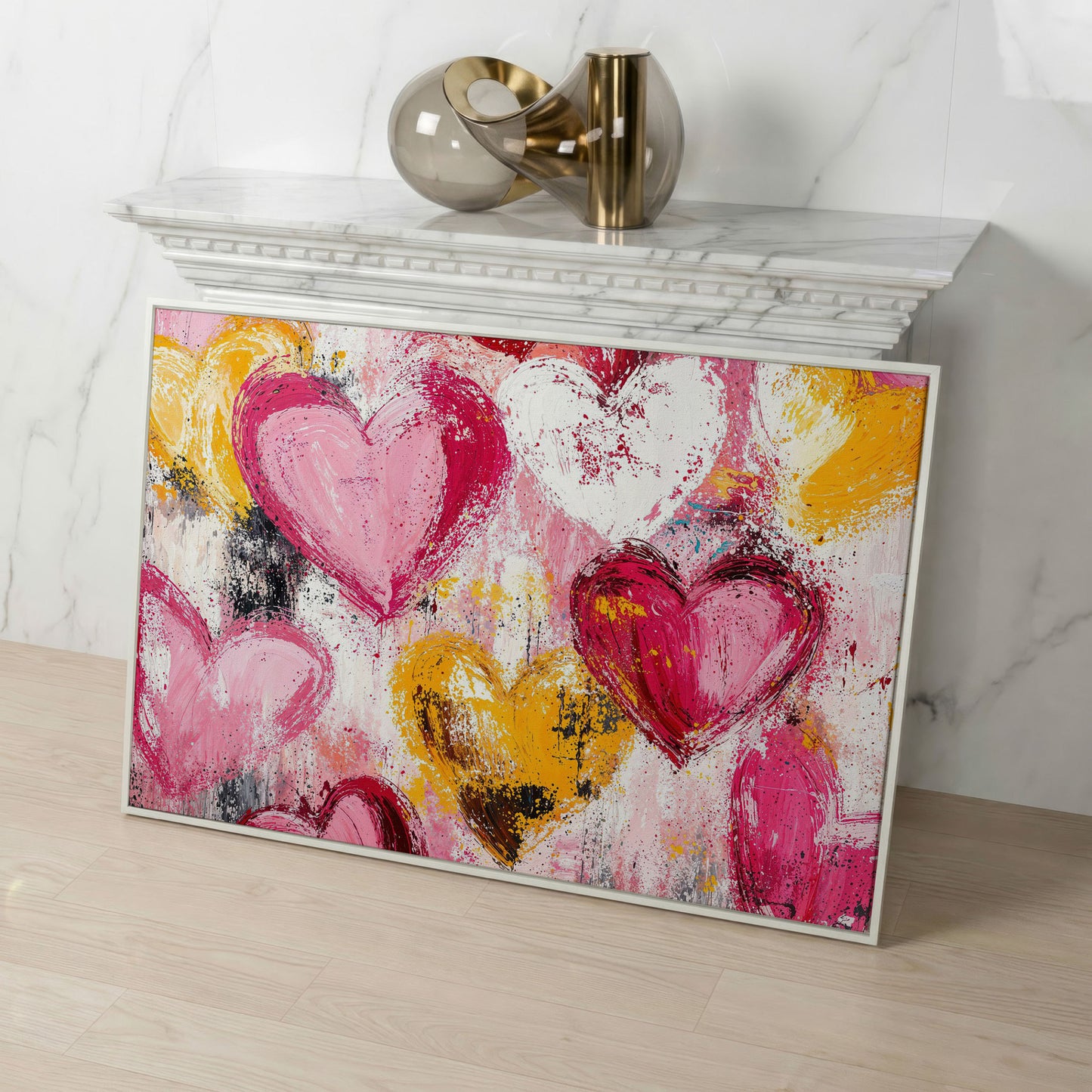 Pink and Yellow Hearts Canvas Print in white floating frame