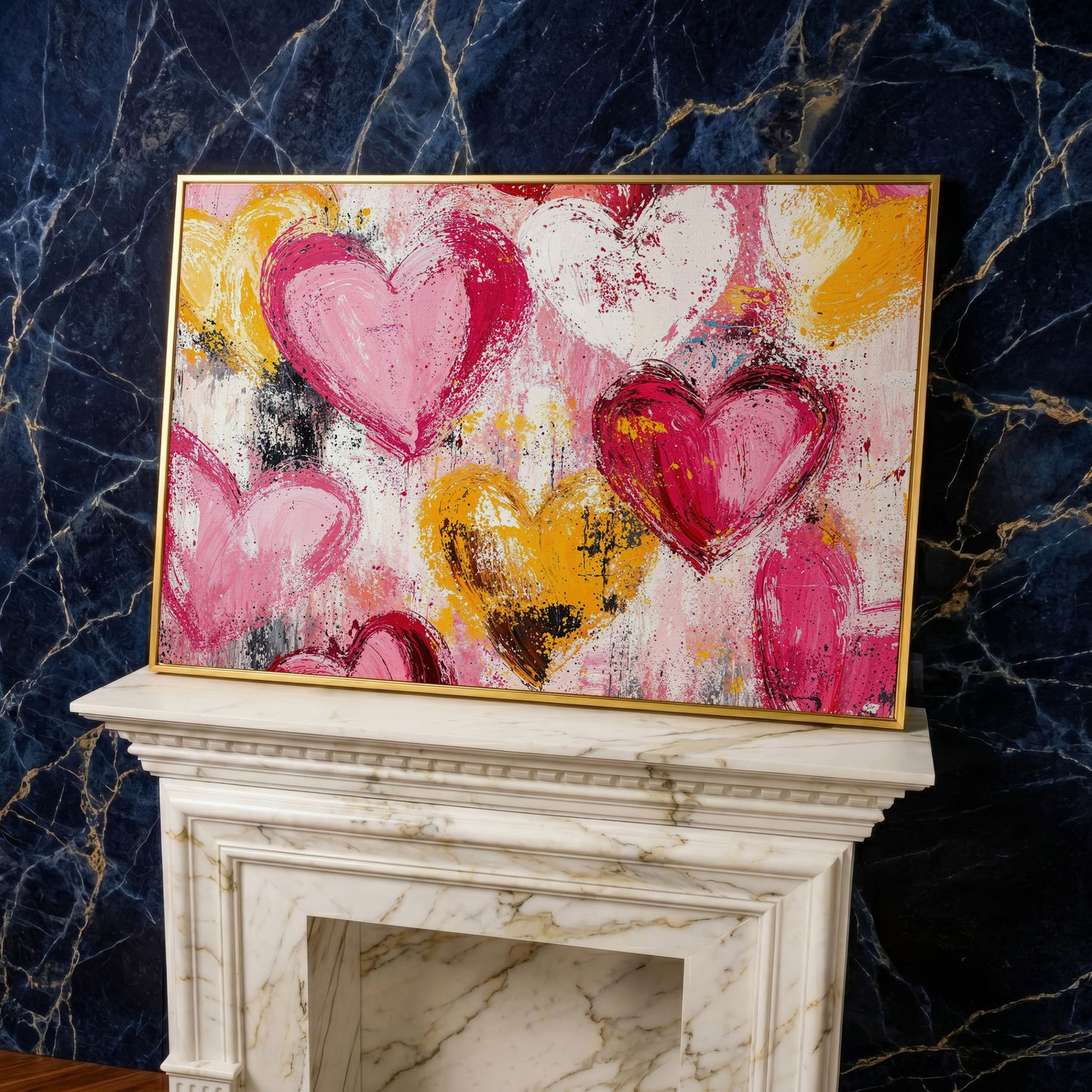 Pink and Yellow Hearts Canvas Print in yellow gold floating frame