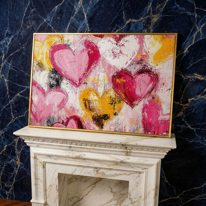 Pink and Yellow Hearts Canvas Print in yellow gold floating frame