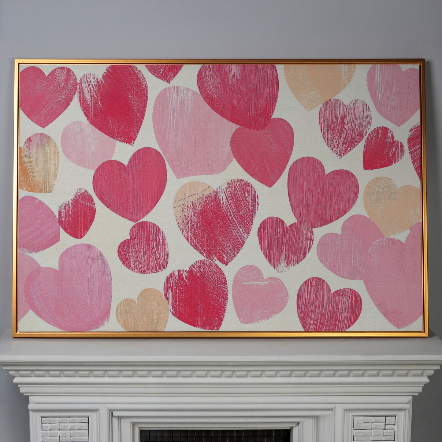 Pink Hearts Canvas Print, Romantic Wall Art in antique gold floating frame