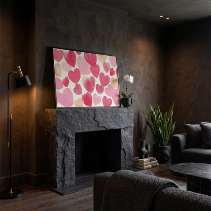Pink Hearts Canvas Print, Romantic Wall Art in black floating frame