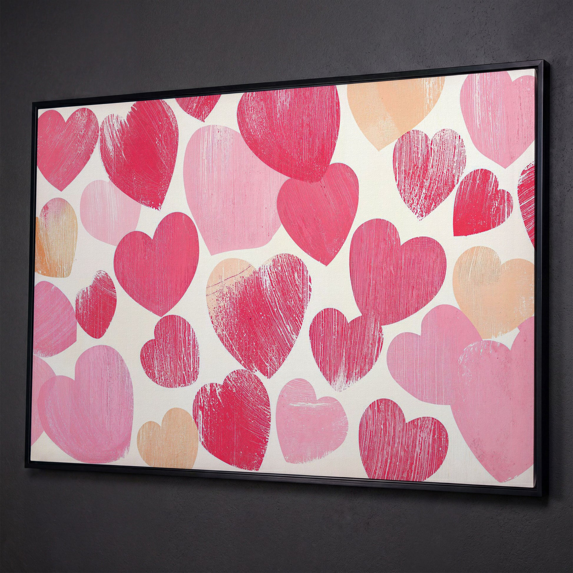 Pink Hearts Canvas Print, Romantic Wall Art shown in black floating frame