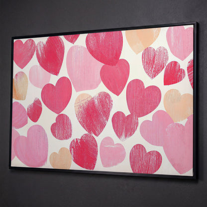 Pink Hearts Canvas Print, Romantic Wall Art shown in black floating frame