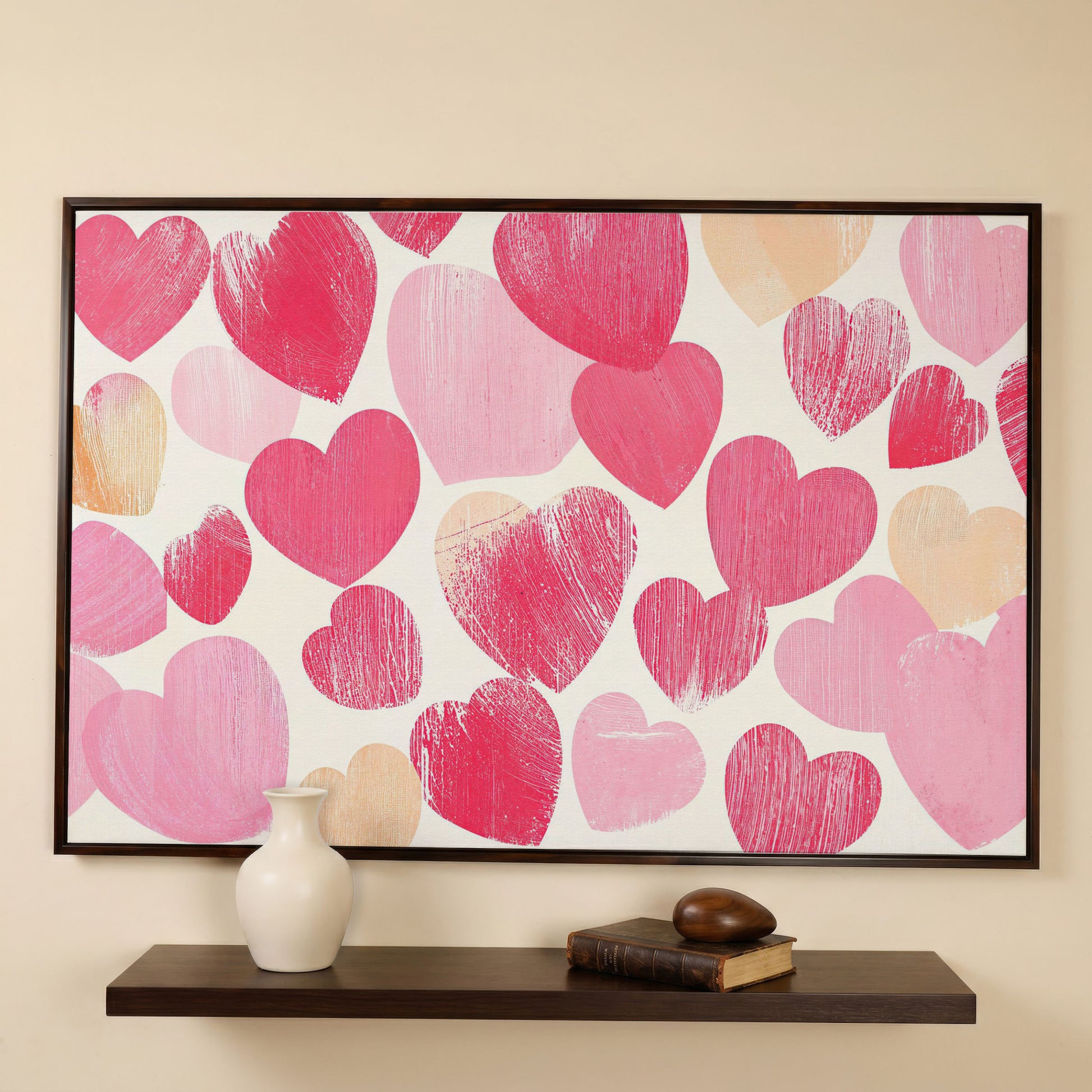 Pink Hearts Canvas Print, Romantic Wall Art in dark walnut floating frame