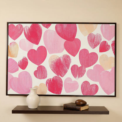 Pink Hearts Canvas Print, Romantic Wall Art in dark walnut floating frame