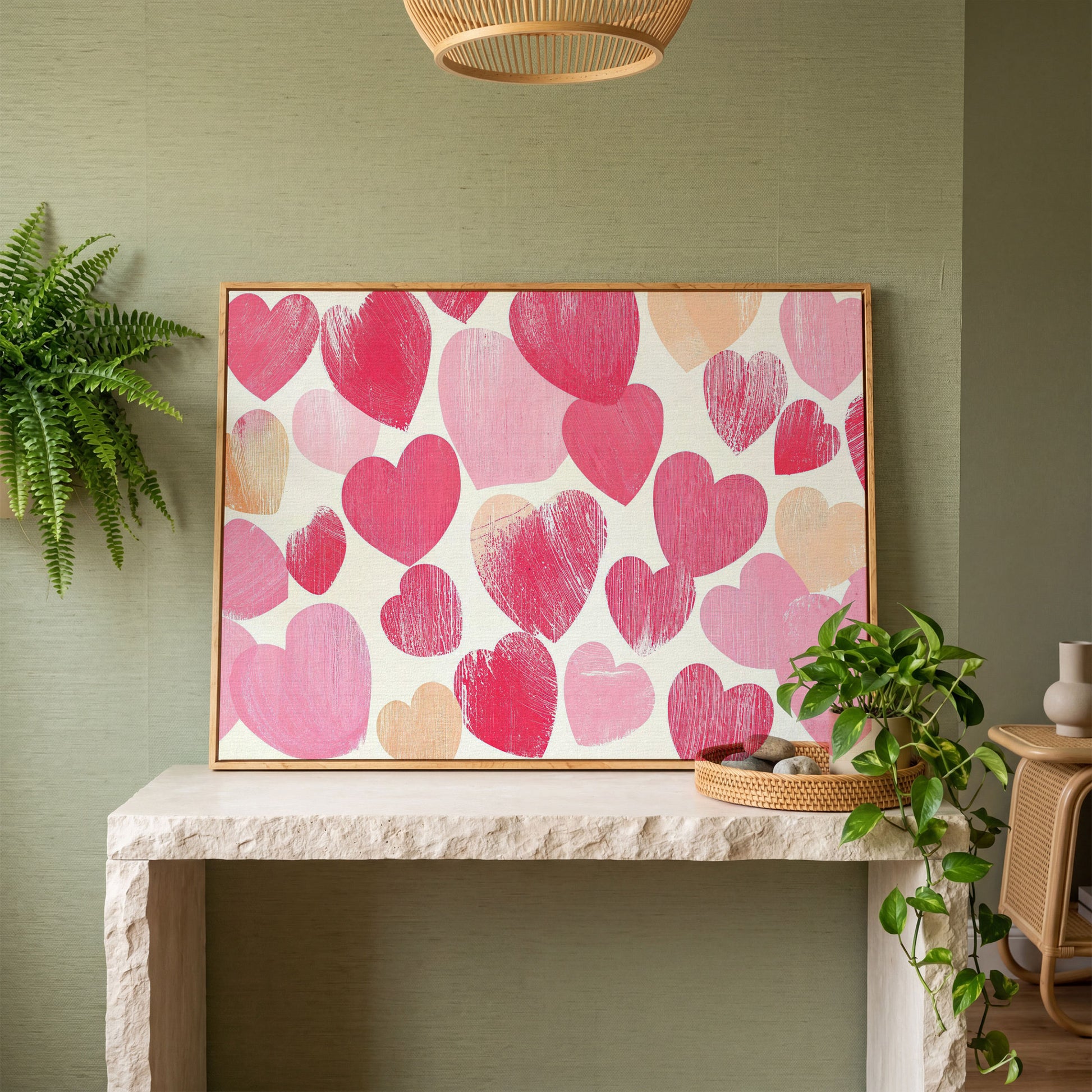 Pink Hearts Canvas Print, Romantic Wall Art in white oak floating frame