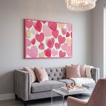 Pink Hearts Canvas Print, Romantic Wall Art in pink floating frame
