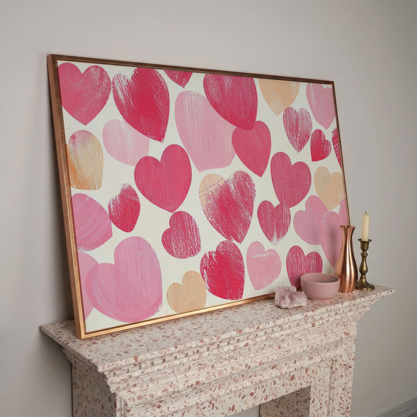 Pink Hearts Canvas Print, Romantic Wall Art in rose gold floating frame