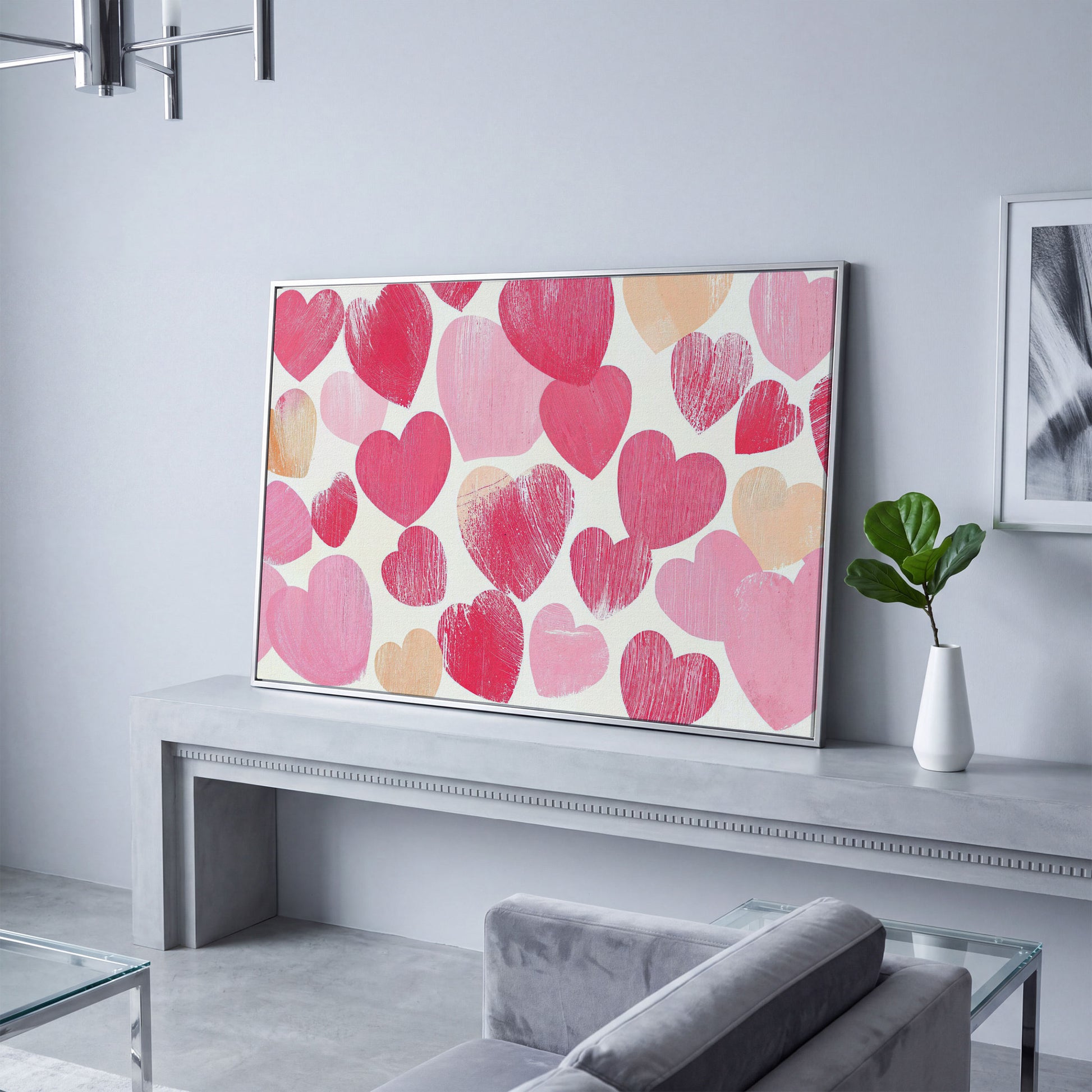 Pink Hearts Canvas Print, Romantic Wall Art in silver floating frame