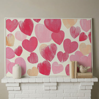 Pink Hearts Canvas Print, Romantic Wall Art in white floating frame