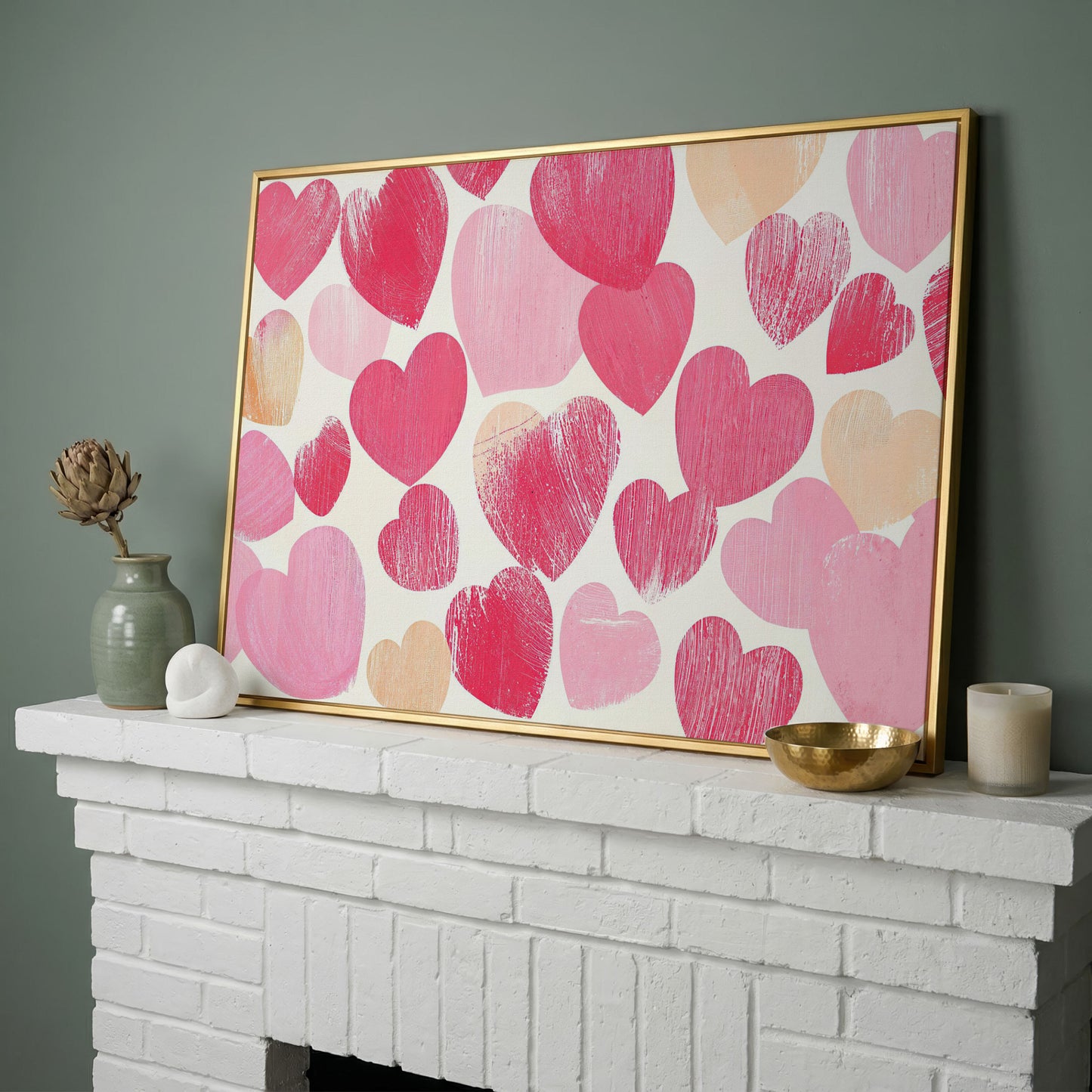 Pink Hearts Canvas Print, Romantic Wall Art in yellow gold floating frame