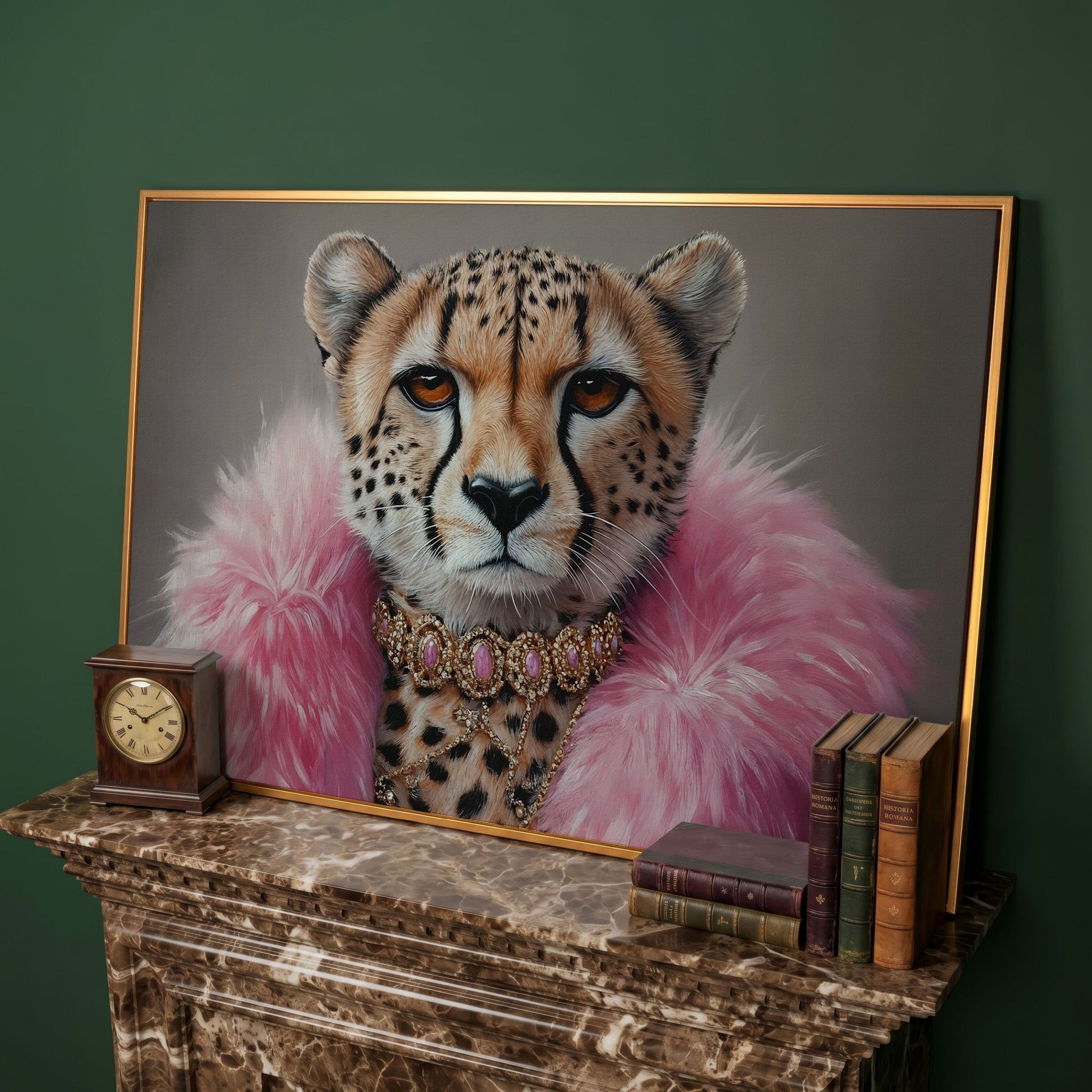Fashionable Cheetah in Pink Faux Fur Canvas in antique gold floating frame