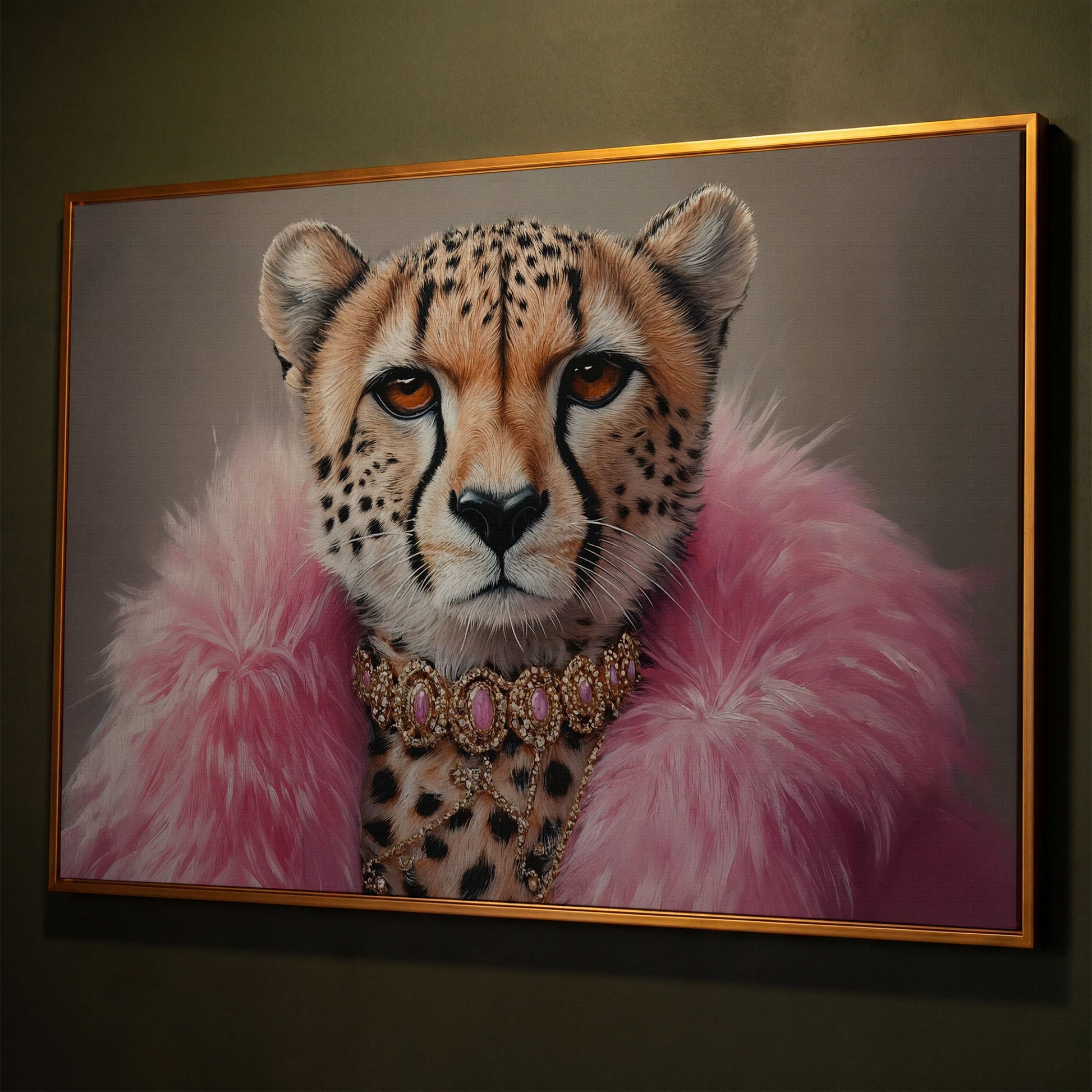 Fashionable Cheetah in Pink Faux Fur Canvas shown in antique gold floating frame