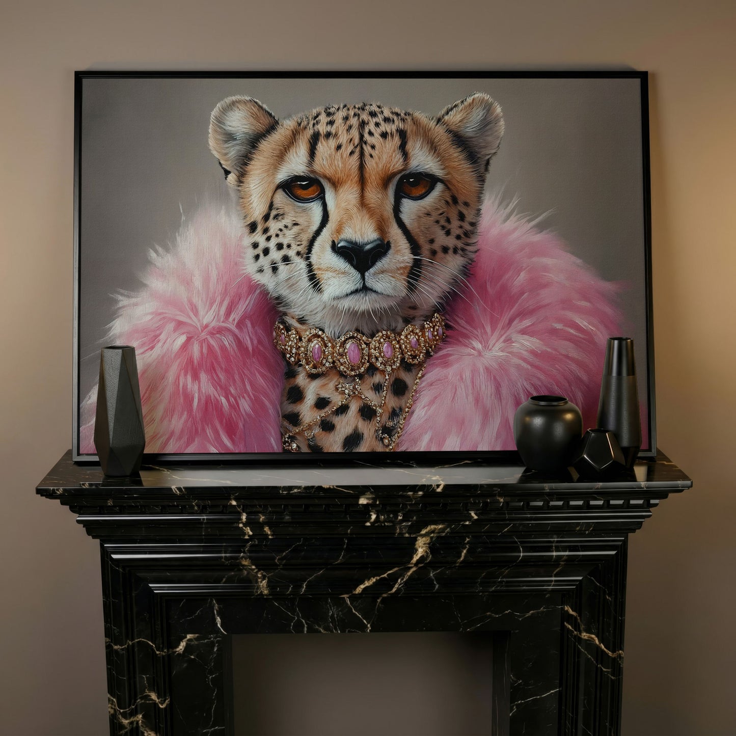 Fashionable Cheetah in Pink Faux Fur Canvas in black floating frame