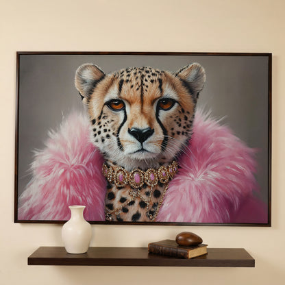 Fashionable Cheetah in Pink Faux Fur Canvas in dark walnut floating frame
