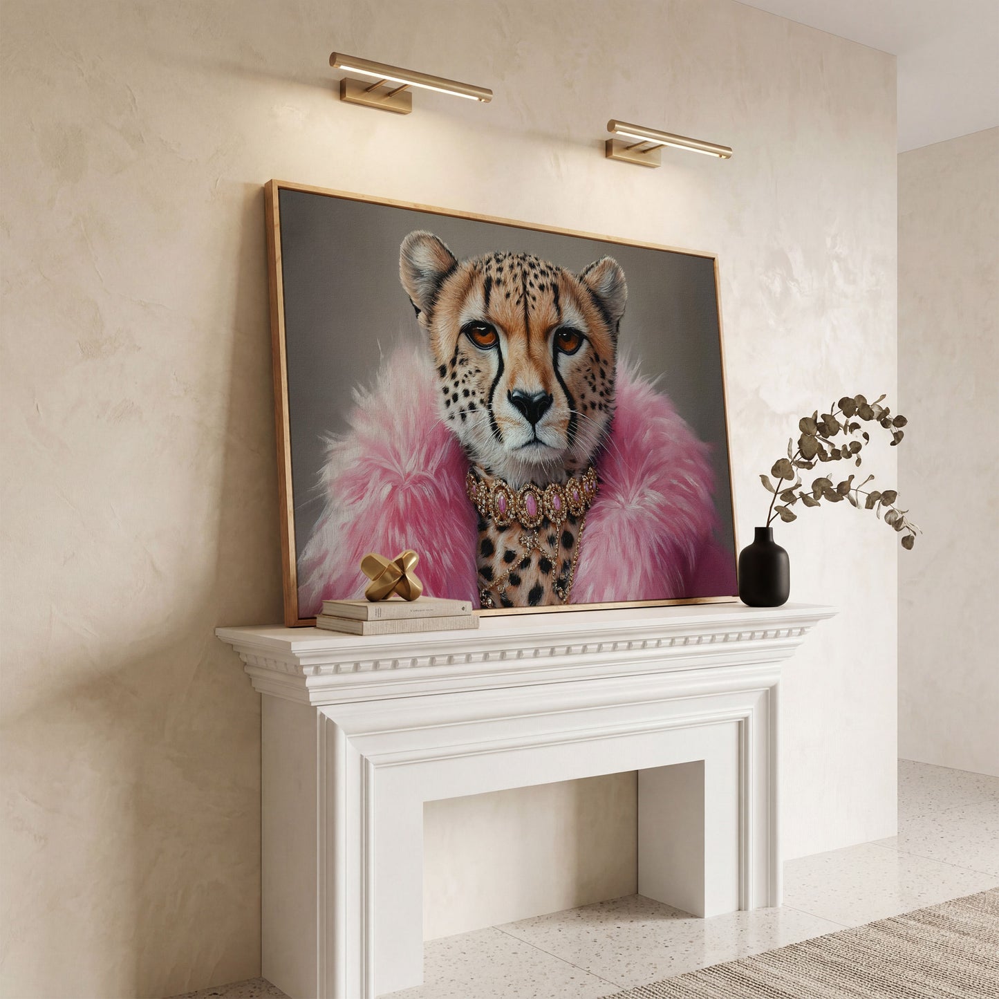 Fashionable Cheetah in Pink Faux Fur Canvas in white oak floating frame