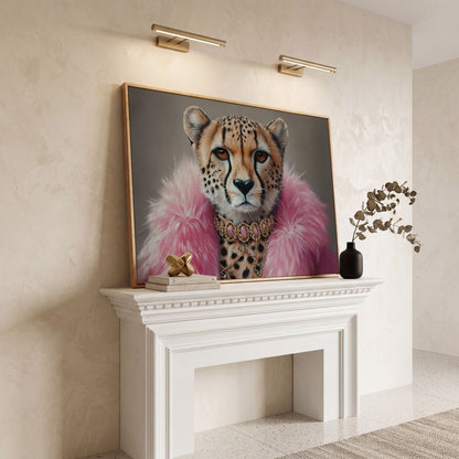 Fashionable Cheetah in Pink Faux Fur Canvas in white oak floating frame