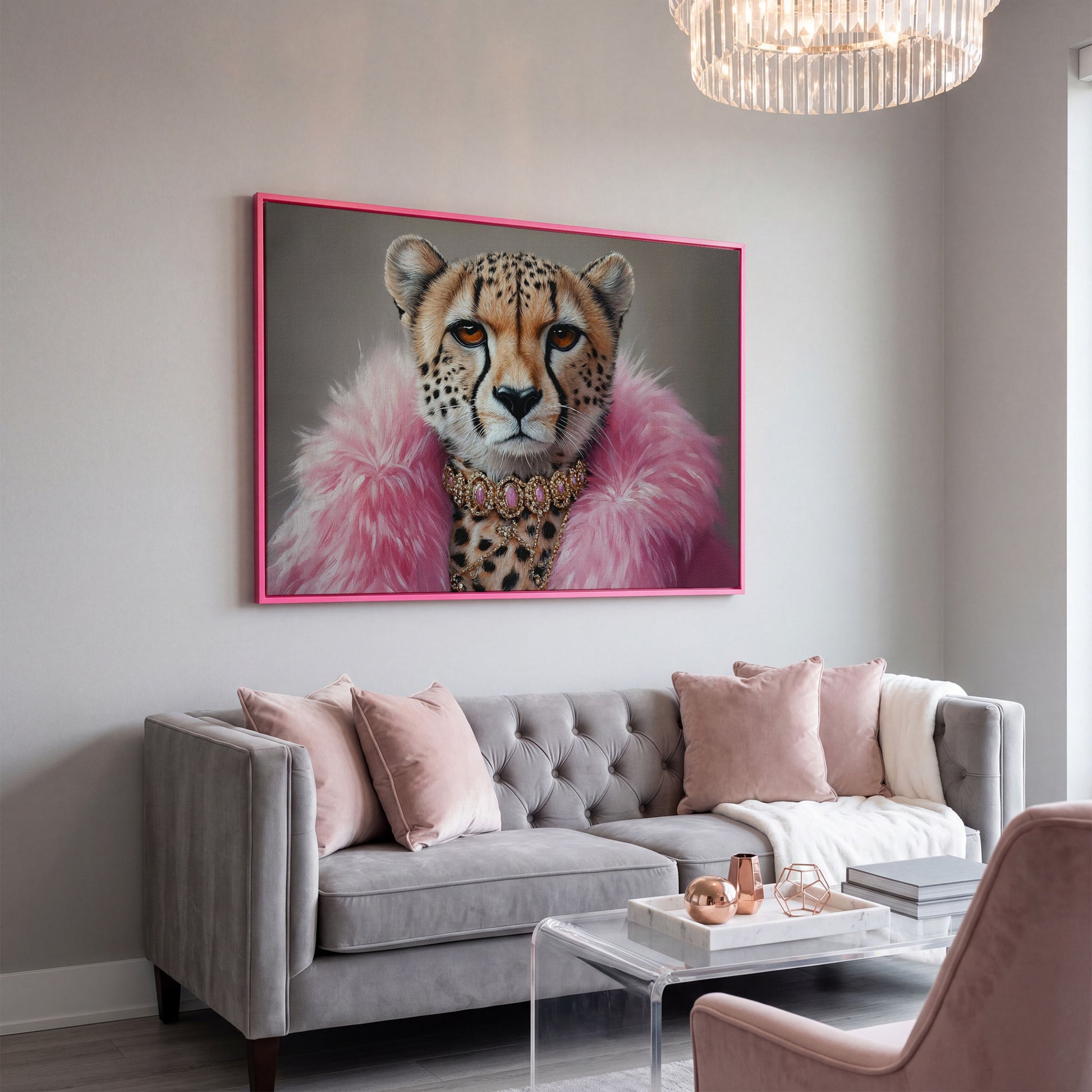 Fashionable Cheetah in Pink Faux Fur Canvas in pink floating frame