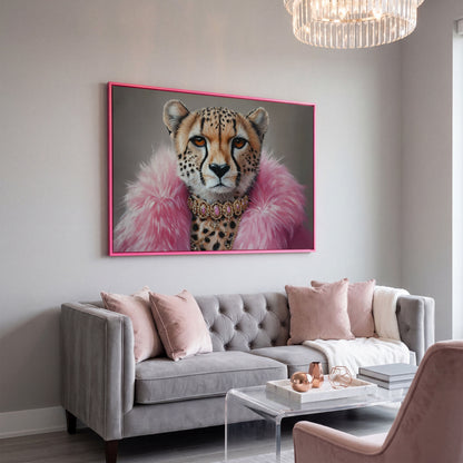 Fashionable Cheetah in Pink Faux Fur Canvas in pink floating frame