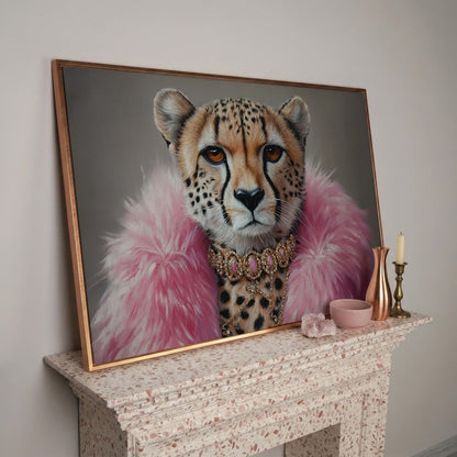 Fashionable Cheetah in Pink Faux Fur Canvas in rose gold floating frame