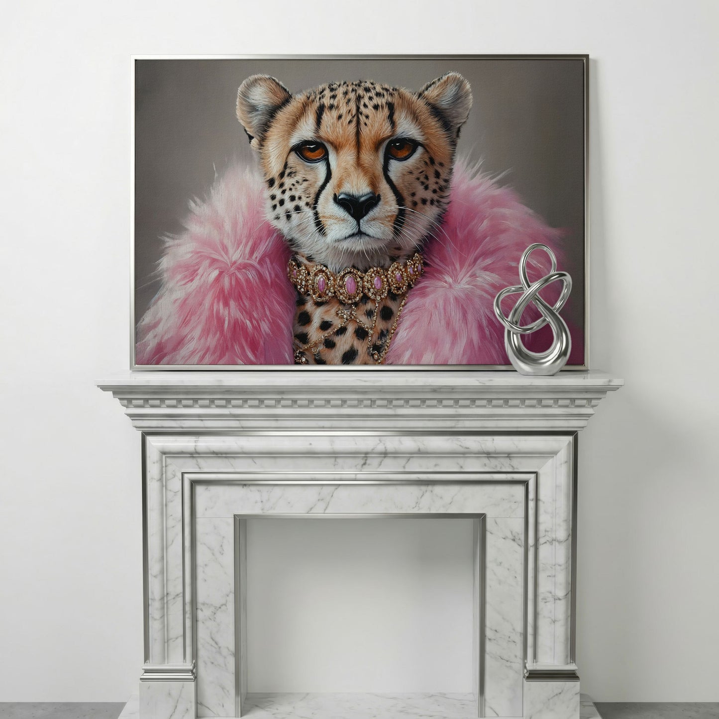 Fashionable Cheetah in Pink Faux Fur Canvas in silver floating frame