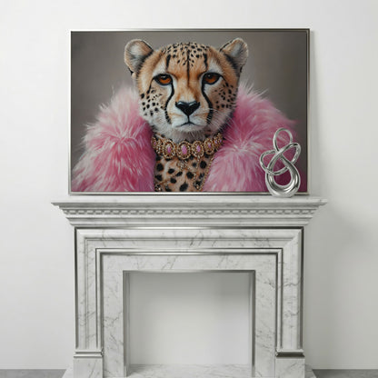 Fashionable Cheetah in Pink Faux Fur Canvas in silver floating frame