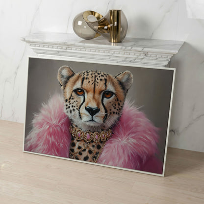 Fashionable Cheetah in Pink Faux Fur Canvas in white floating frame