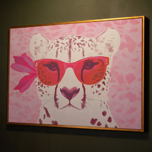 Cheetah in Sunglasses Canvas shown in antique gold floating frame