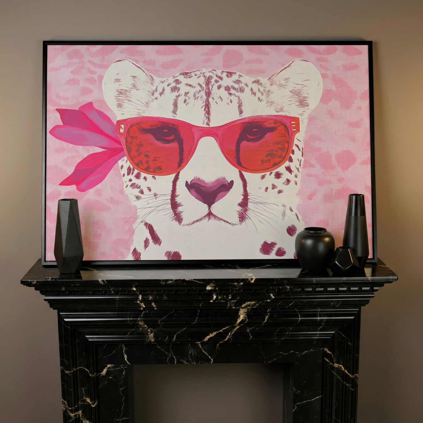 Cheetah in Sunglasses Canvas in black floating frame