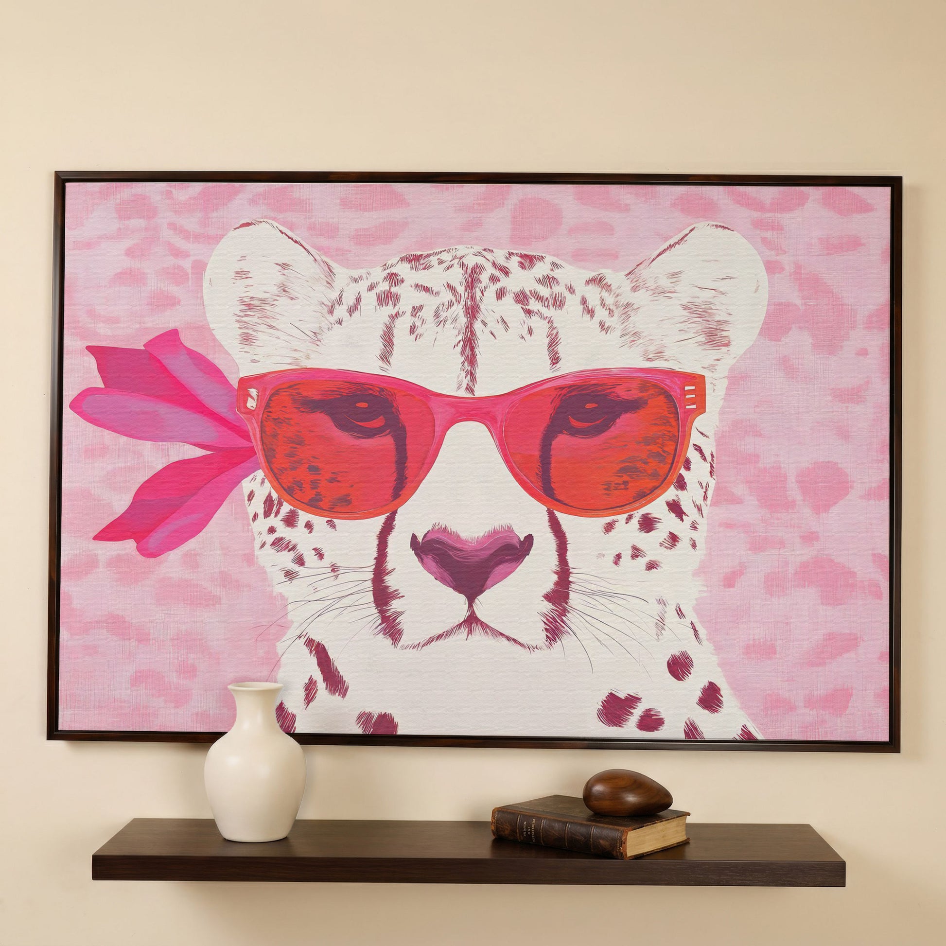 Cheetah in Sunglasses Canvas in dark walnut floating frame