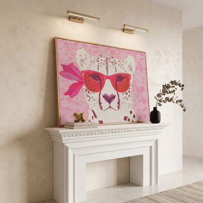 Cheetah in Sunglasses Canvas in white oak floating frame