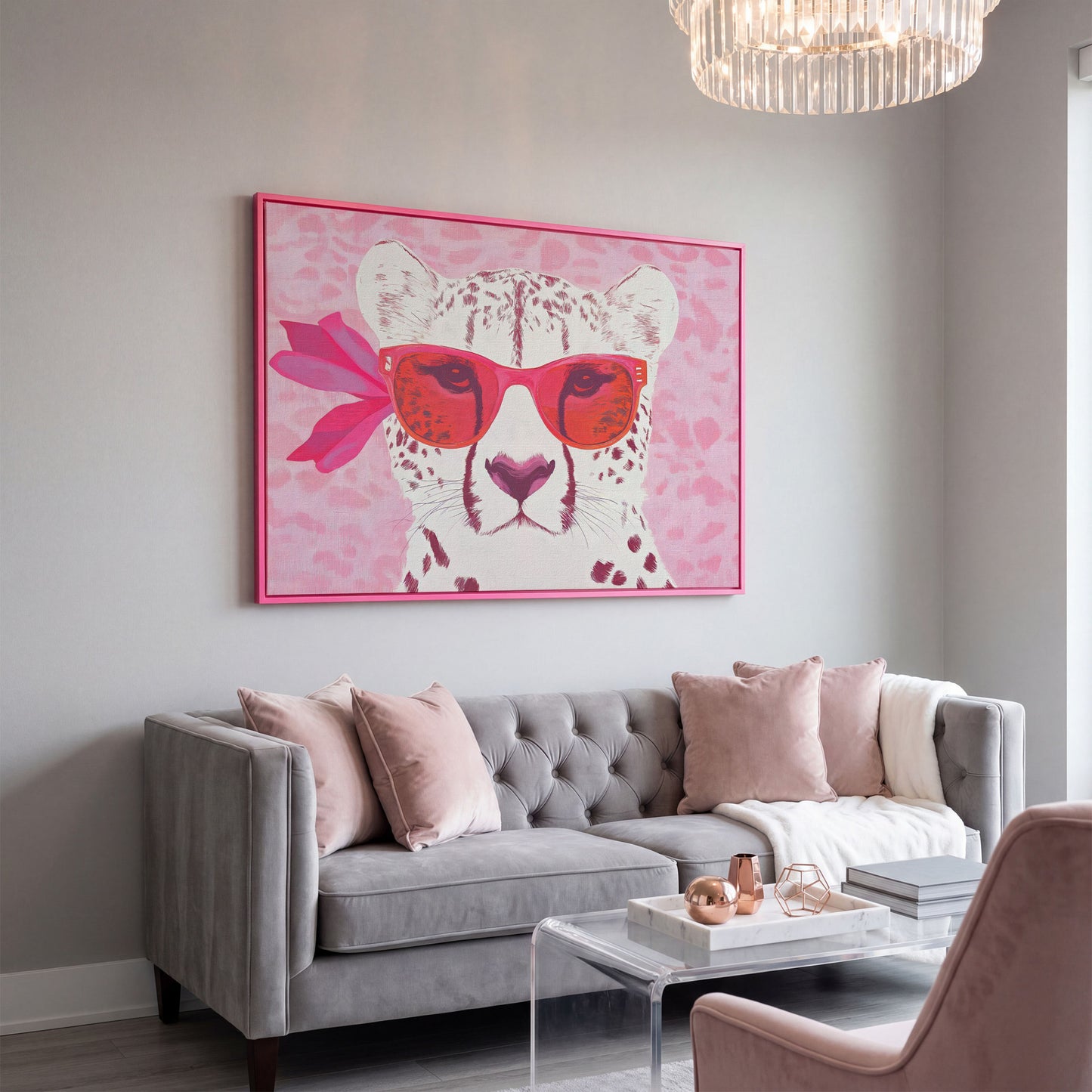 Cheetah in Sunglasses Canvas in pink floating frame