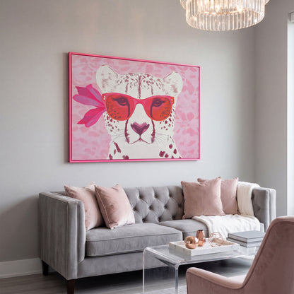 Cheetah in Sunglasses Canvas in pink floating frame