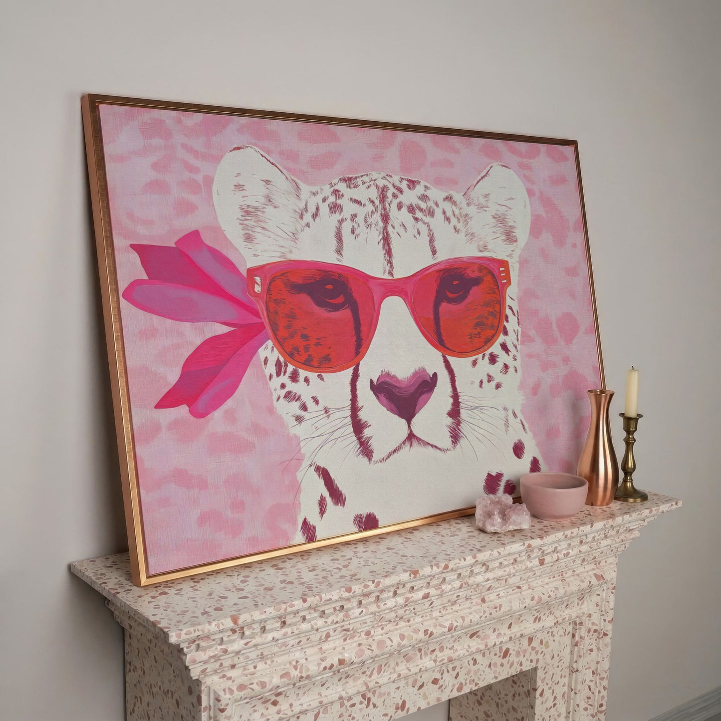 Cheetah in Sunglasses Canvas in rose gold floating frame
