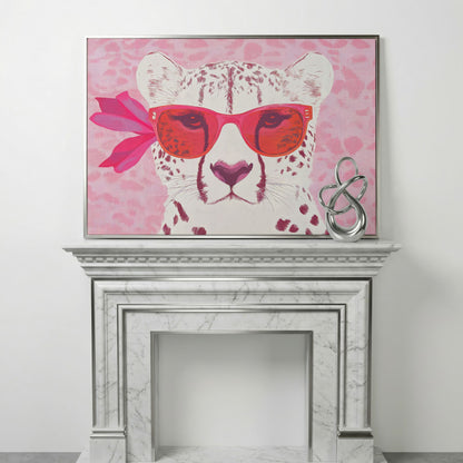 Cheetah in Sunglasses Canvas in silver floating frame