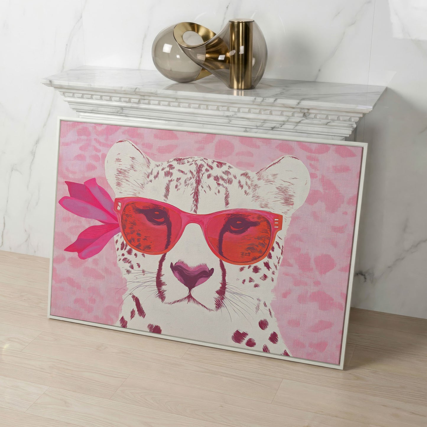 Cheetah in Sunglasses Canvas in white floating frame