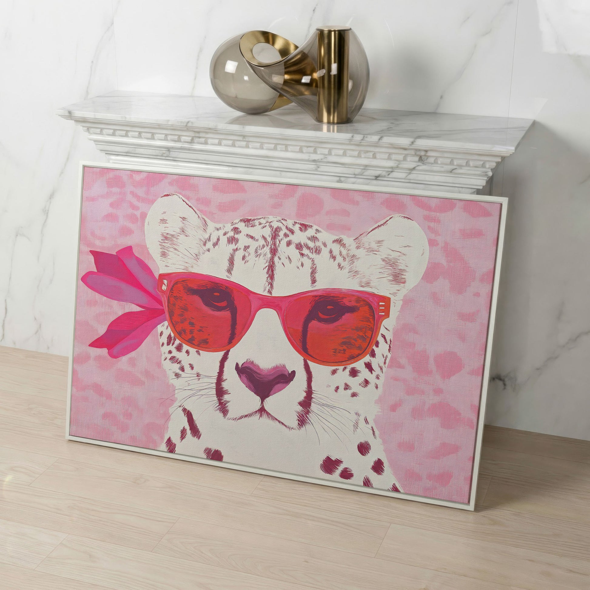 Cheetah in Sunglasses Canvas in white floating frame