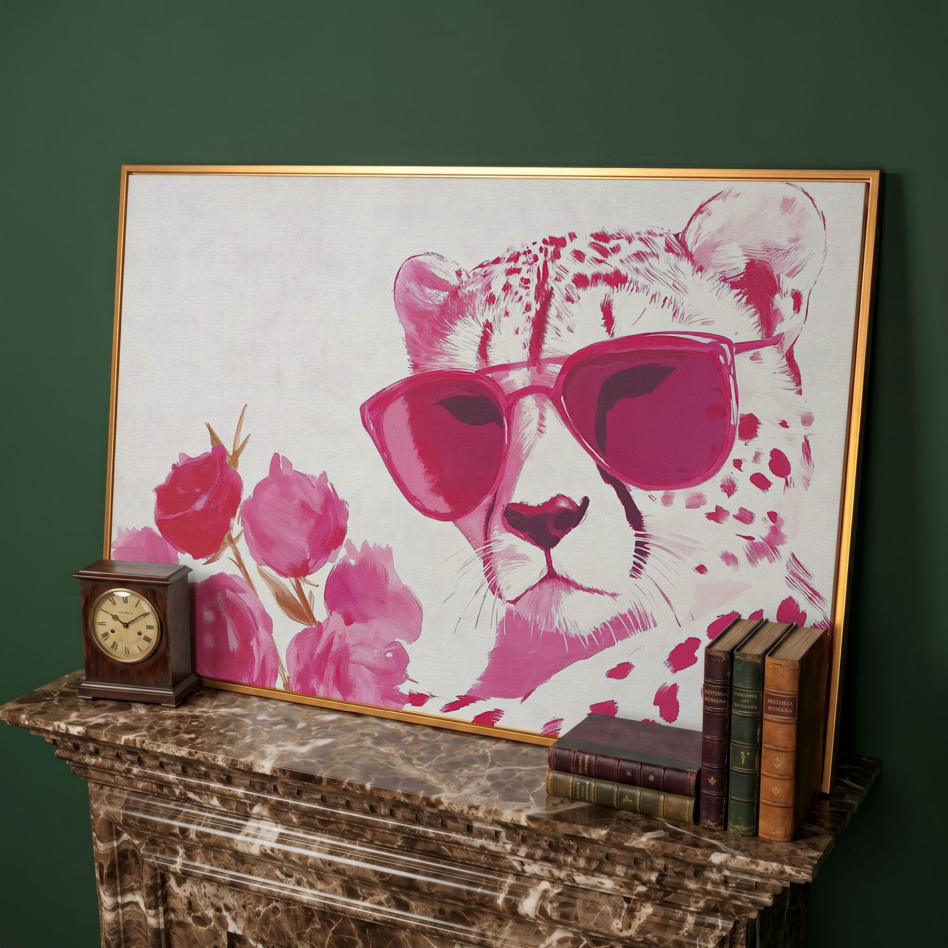 Pink Cheetah with Blooms Canvas in antique gold floating frame