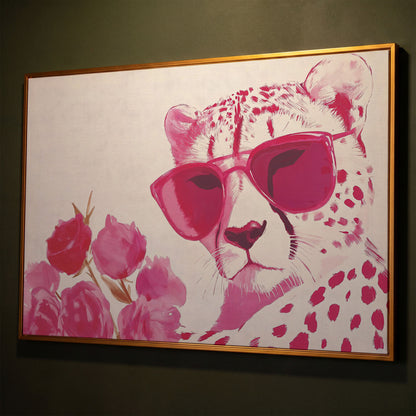 Pink Cheetah with Blooms Canvas shown in antique gold floating frame
