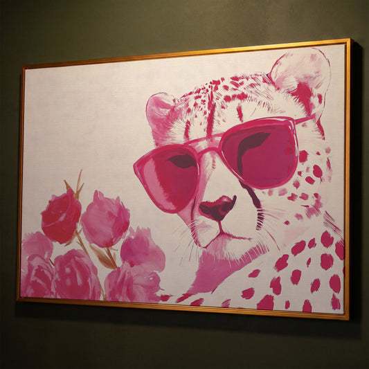 Pink Cheetah with Blooms Canvas shown in antique gold floating frame