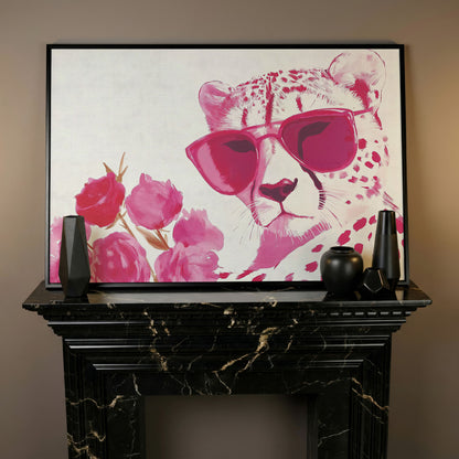Pink Cheetah with Blooms Canvas in black floating frame
