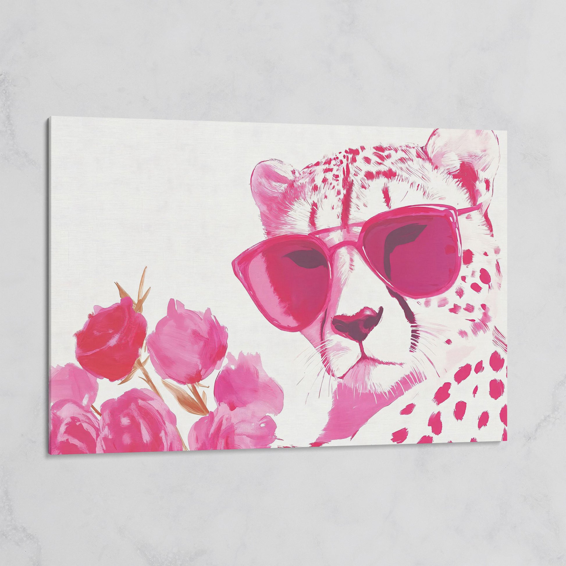 Pink Cheetah with Blooms Canvas on gallery wrap