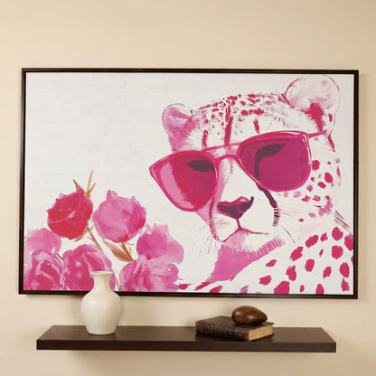 Pink Cheetah with Blooms Canvas in dark walnut floating frame