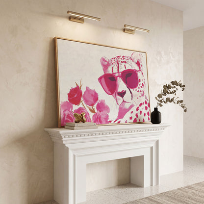 Pink Cheetah with Blooms Canvas in white oak floating frame