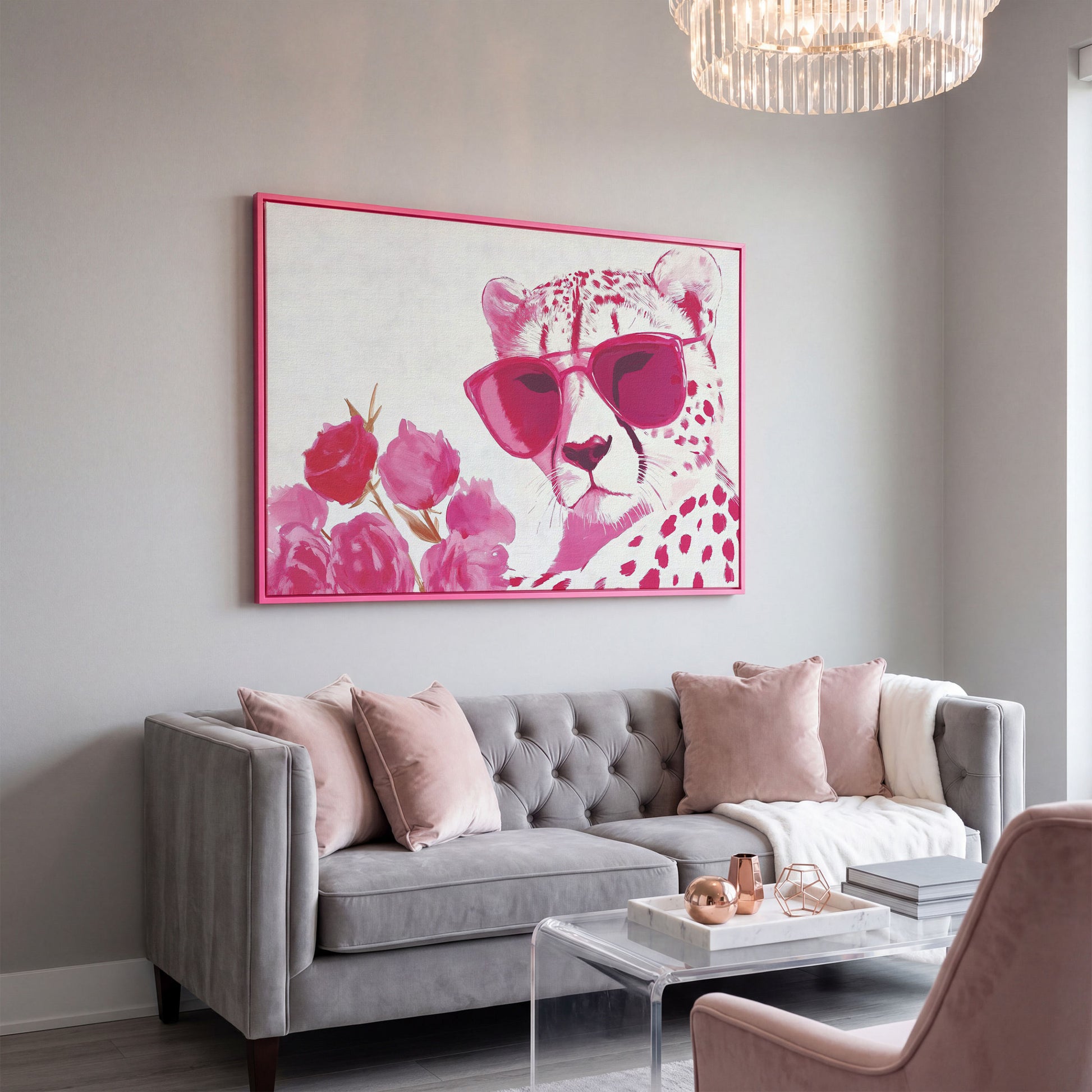 Pink Cheetah with Blooms Canvas in pink floating frame